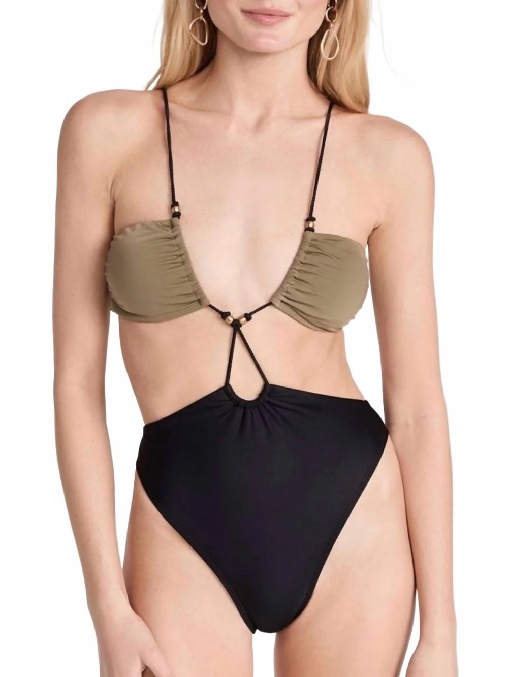 Two-Tone Olive and Black Cutout One-Piece Swimsuit with Adjustable Straps
